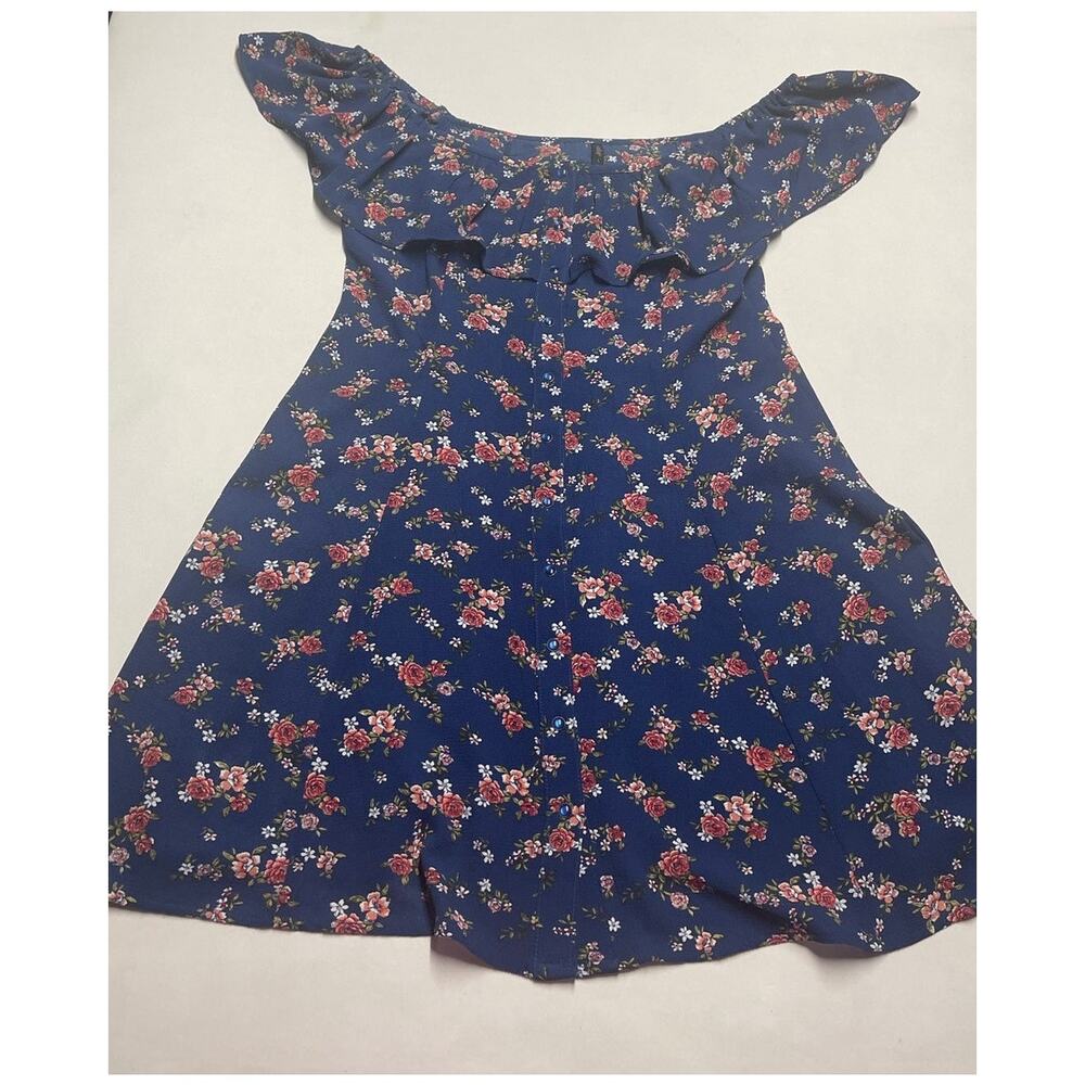 Bebop Blue Rose Floral Ruffle Neck Button Front Mini Dress Size Large